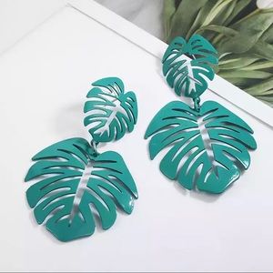teal palm leave earrings
